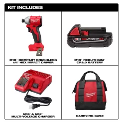 Milwaukee 3650-21P M18 18-Volt Lithium-Ion Compact Brushless Cordless 1/4 in. Impact Driver Kit with One 2.0 Ah Battery, Charger & Tool Bag