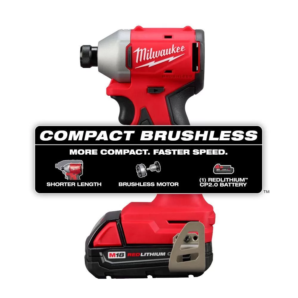 Milwaukee 3650-21P M18 18-Volt Lithium-Ion Compact Brushless Cordless 1/4 in. Impact Driver Kit with One 2.0 Ah Battery, Charger & Tool Bag