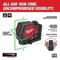 Milwaukee 3522-21 Green 100 ft. Cross Line and Plumb Points Rechargeable Laser Level with REDLITHIUM Lithium-Ion USB Battery and Charger