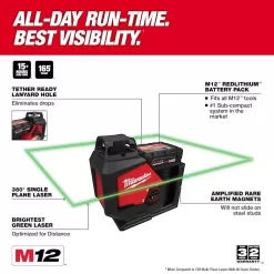 Milwaukee 3631-20 M12 12-Volt Lithium-Ion Cordless Green 360-Degree Single Plane Laser Level (Tool Only)