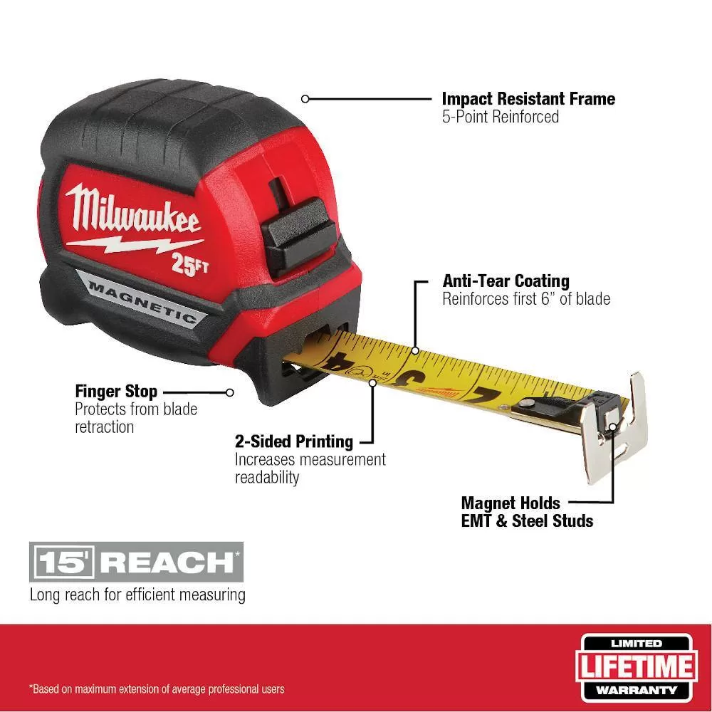 Milwaukee 48-22-5112-48-22-0325 12 in. Digital Measuring Wheel with 25 ft. x 1 in. Compact Magnetic Tape Measure with 15 ft. Reach