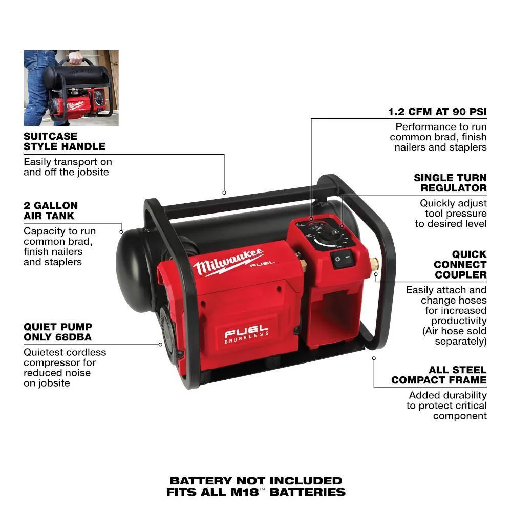 Milwaukee 2840-20-2840-20 M18 FUEL 18-Volt Lithium-Ion Brushless Cordless 2 Gal. Electric Compact Quiet Compressor (2-Tool)