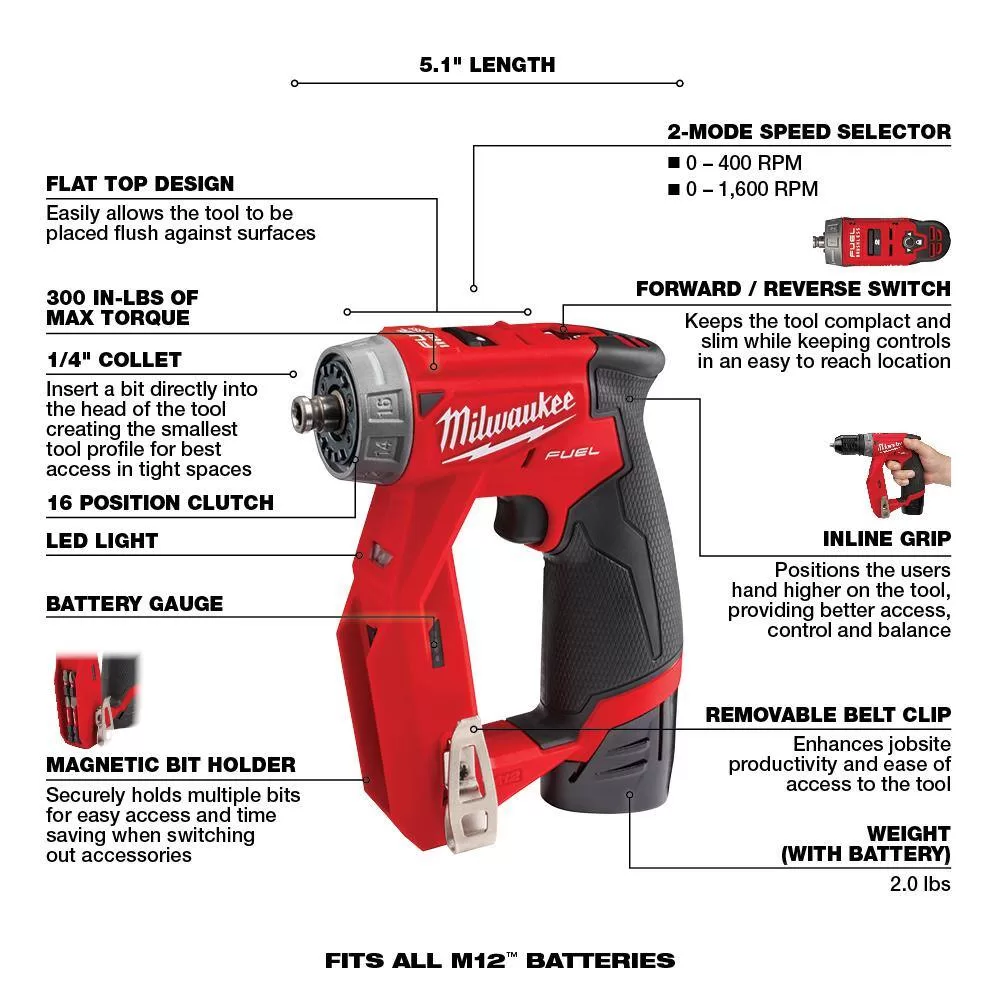 Milwaukee 2505-22-2367-20 M12 FUEL 12-Volt Lithium-Ion Brushless Cordless 4-in-1 Installation 3/8 in. Drill Driver Kit w/M12 Rover Service Light