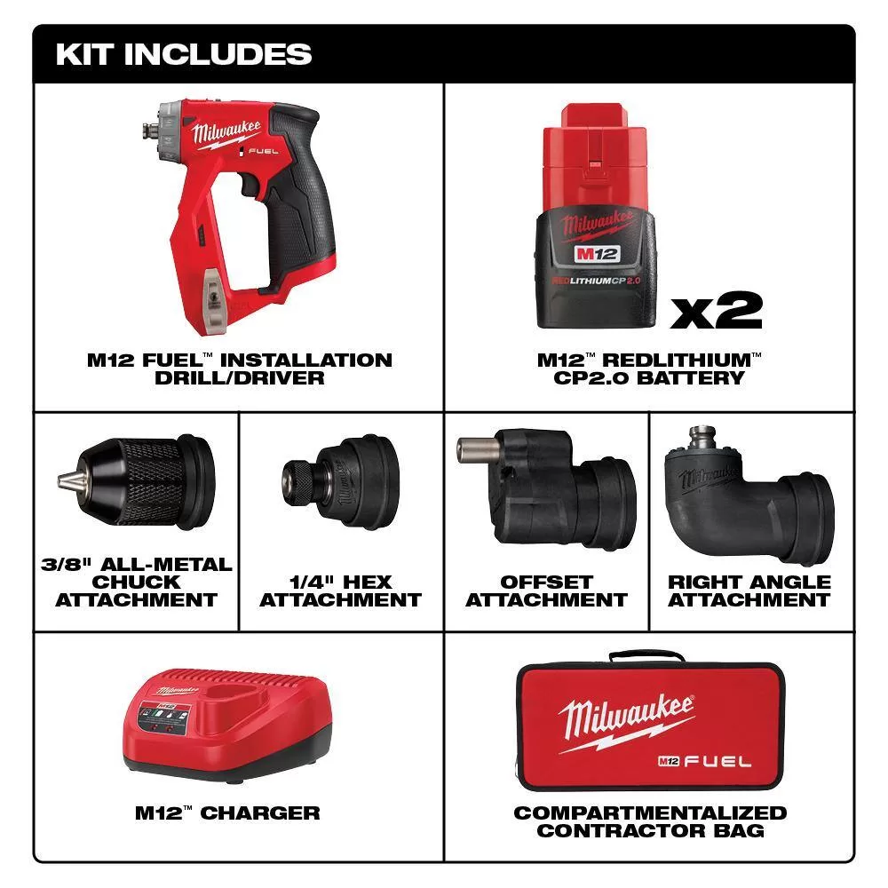 Milwaukee 2505-22-2367-20 M12 FUEL 12-Volt Lithium-Ion Brushless Cordless 4-in-1 Installation 3/8 in. Drill Driver Kit w/M12 Rover Service Light