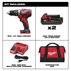 Milwaukee 2606-22CT M18 18V Lithium-Ion Cordless 1/2 in. Drill Driver Kit w/(2) 1.5Ah Batteries, Charger, Soft Case