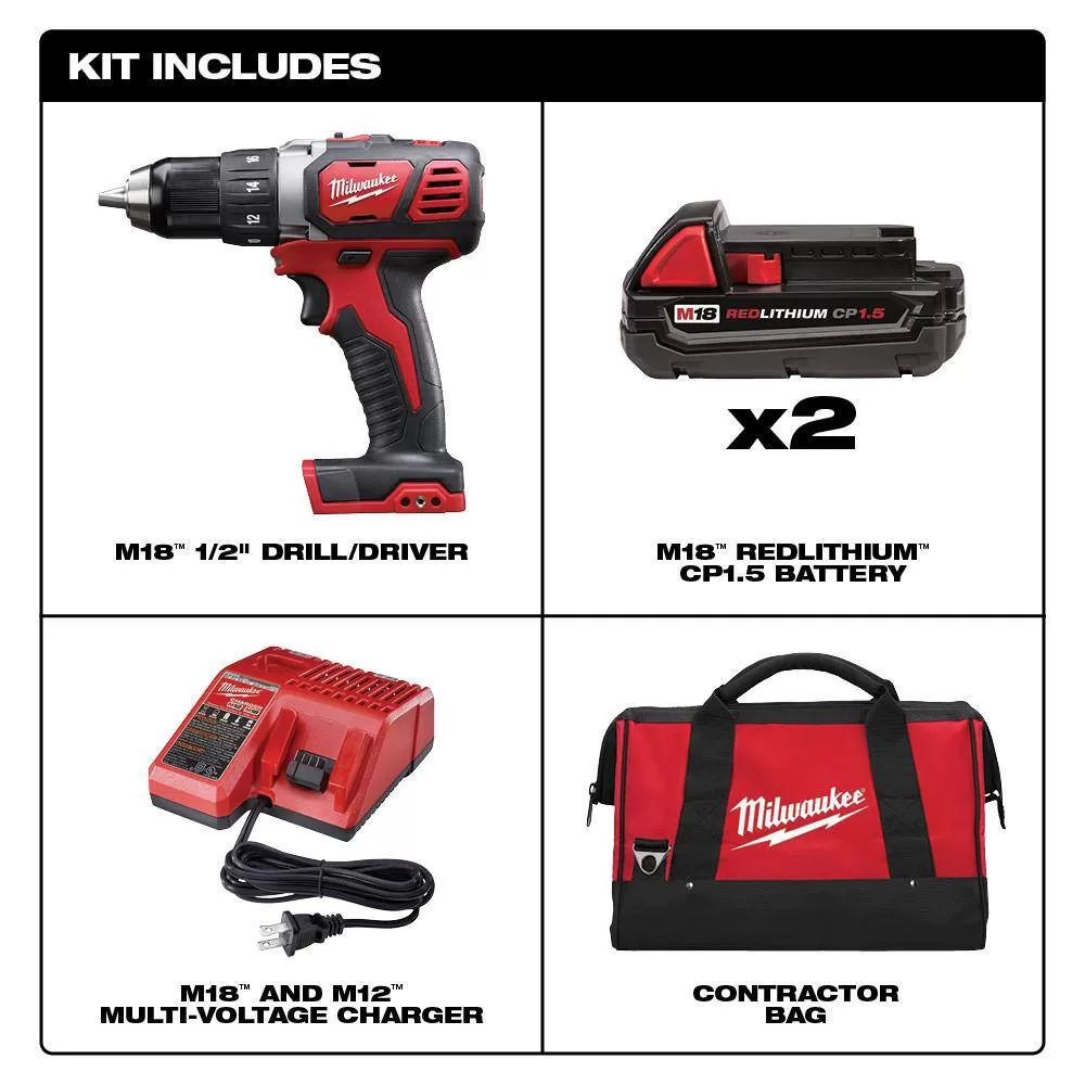 Milwaukee 2606-22CT M18 18V Lithium-Ion Cordless 1/2 in. Drill Driver Kit w/(2) 1.5Ah Batteries, Charger, Soft Case