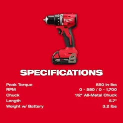Milwaukee 3601-21P M18 18V Lithium-Ion Brushless Cordless 1/2 in. Compact Drill/Driver with One 2.0 Ah Battery, Charger and Tool Bag