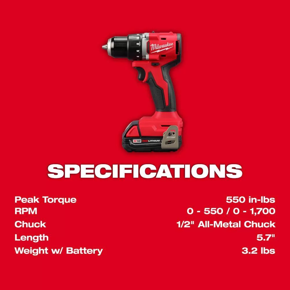 Milwaukee 3601-21P M18 18V Lithium-Ion Brushless Cordless 1/2 in. Compact Drill/Driver with One 2.0 Ah Battery, Charger and Tool Bag