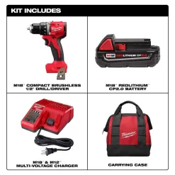 Milwaukee 3601-21P M18 18V Lithium-Ion Brushless Cordless 1/2 in. Compact Drill/Driver with One 2.0 Ah Battery, Charger and Tool Bag