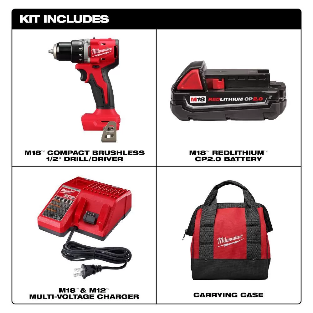 Milwaukee 3601-21P M18 18V Lithium-Ion Brushless Cordless 1/2 in. Compact Drill/Driver with One 2.0 Ah Battery, Charger and Tool Bag
