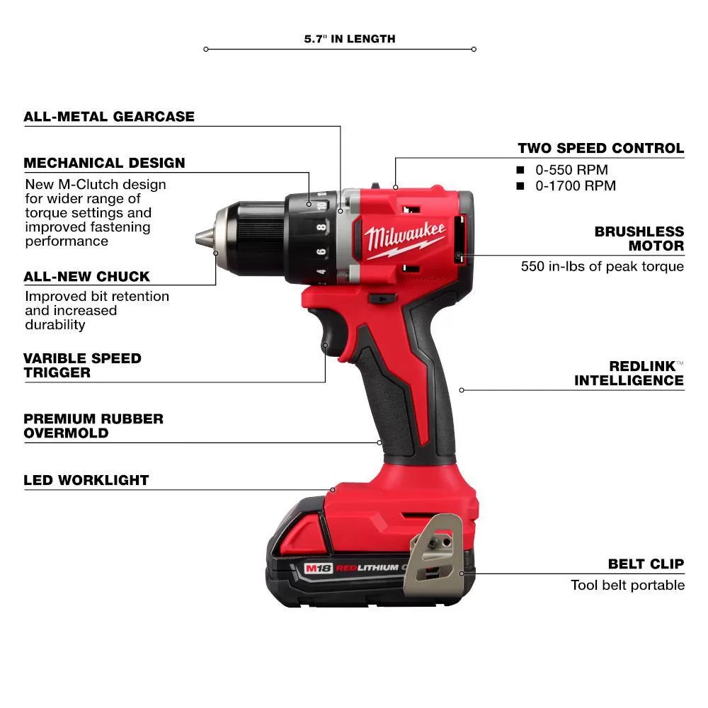 Milwaukee 3601-21P M18 18V Lithium-Ion Brushless Cordless 1/2 in. Compact Drill/Driver with One 2.0 Ah Battery, Charger and Tool Bag