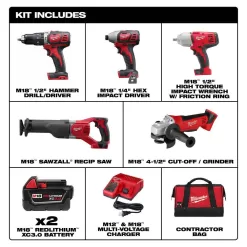 Milwaukee 2697-25 M18 18V Lithium-Ion Cordless Combo Tool Kit (5-Tool) with Two 3.0 Ah Batteries, Charger and Tool Bag
