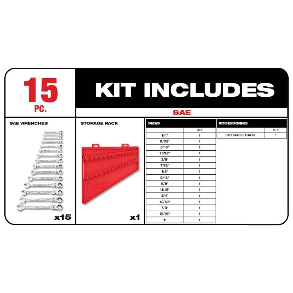 Milwaukee 48-22-9413-48-22-9513 144-Position Flex-Head Ratcheting Combination Wrench Set SAE and METRIC (30-Piece)