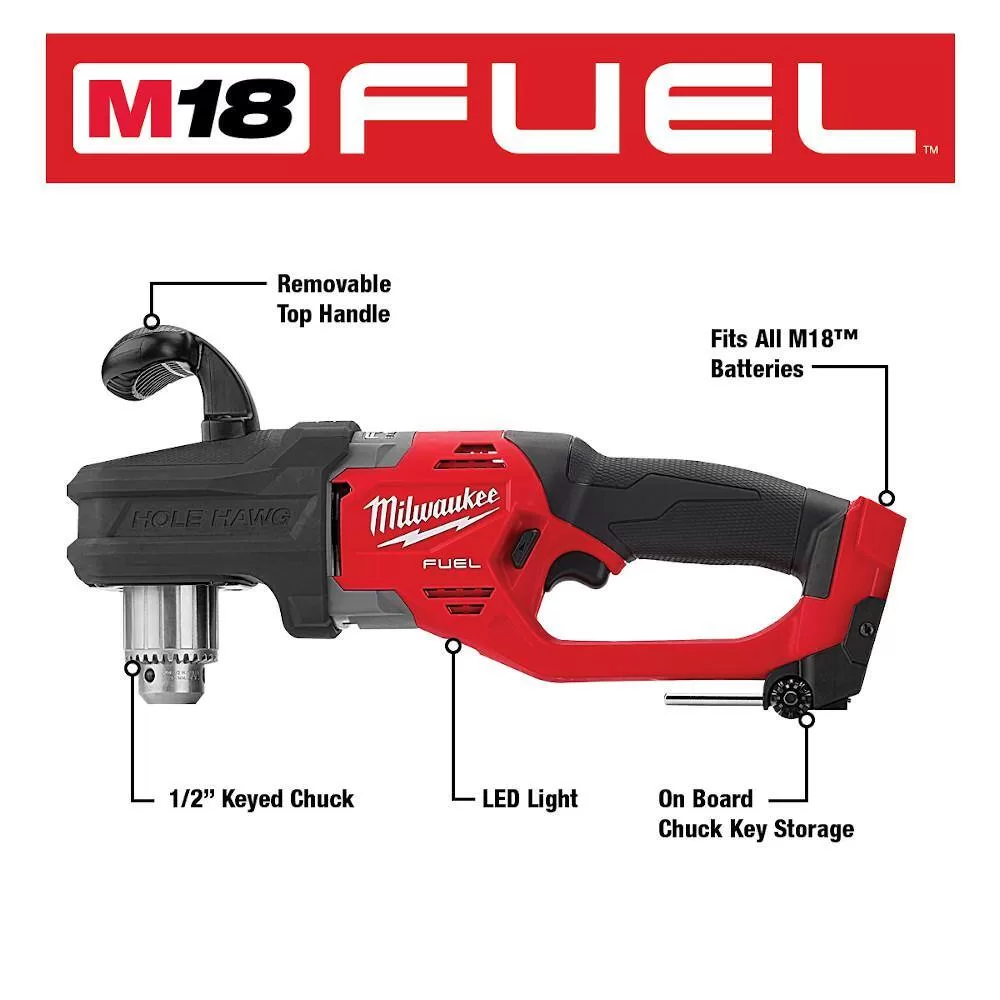 Milwaukee 2807-20-49-56-9280 M18 FUEL GEN II 18-Volt Li-Ion Brushless Cordless 1/2 in. Hole Hawg Right Angle Drill with Carbide Hole Saw Kit (7pc)