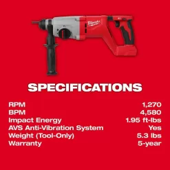 Milwaukee 2613-20 M18 18V Lithium-Ion Brushless Cordless 1 in. SDS-Plus D-Handle Rotary Hammer (Tool-Only)