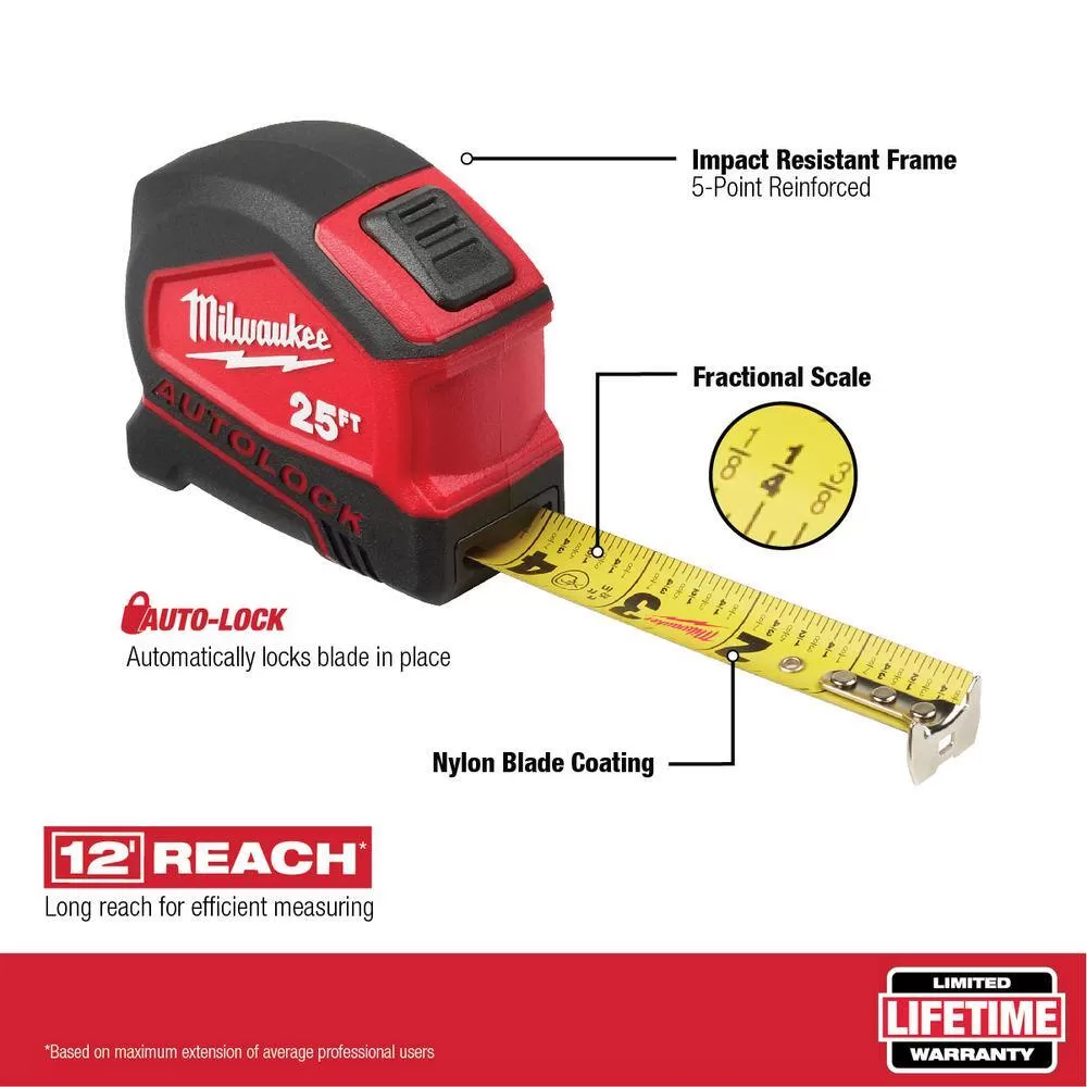 Milwaukee 48-22-6825-4X 25 ft. Compact Auto Lock Tape Measure (4-Pack)