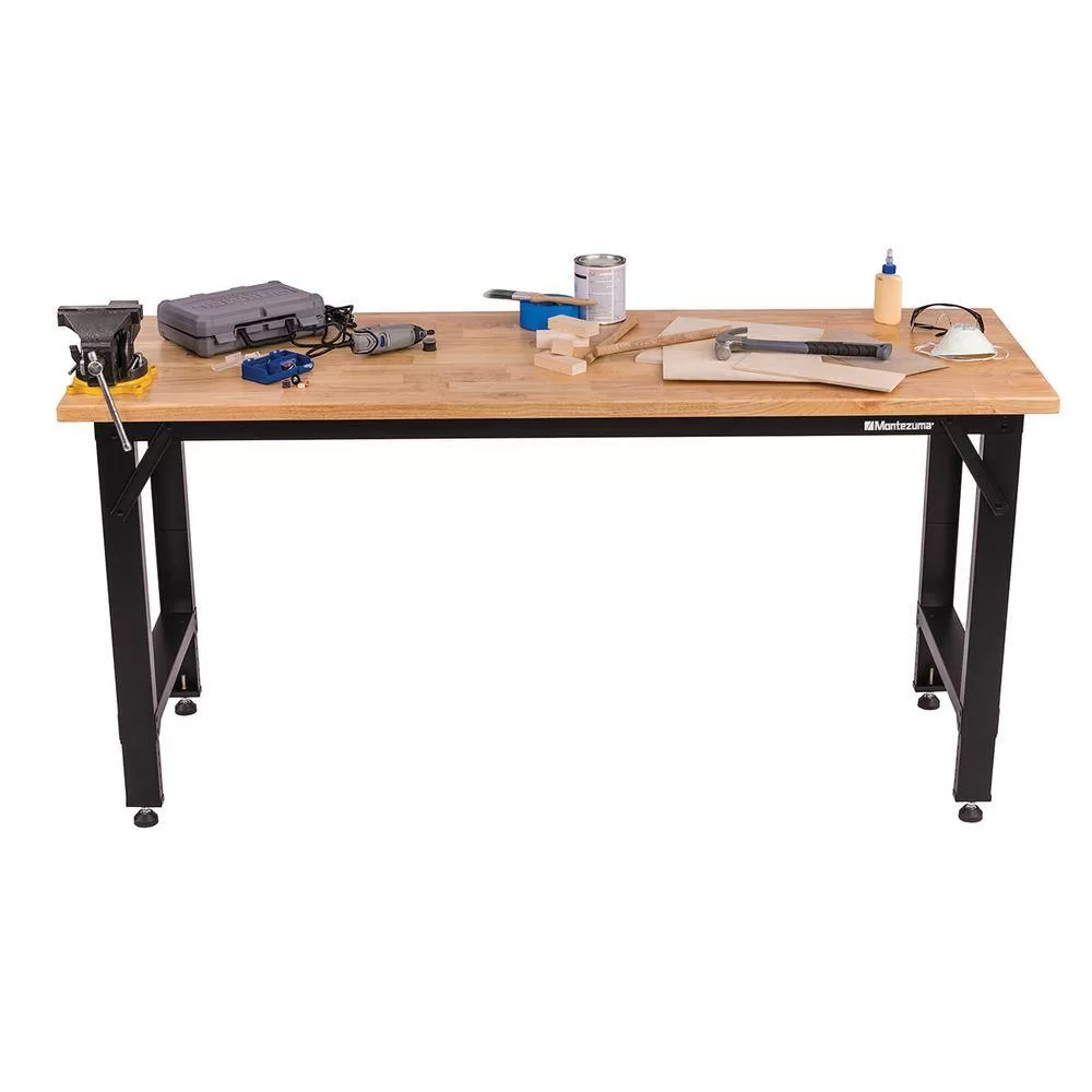 Montezuma MWB722430B 6 ft. Adjustable Height Steel Workbench with Solid Wood Work Top