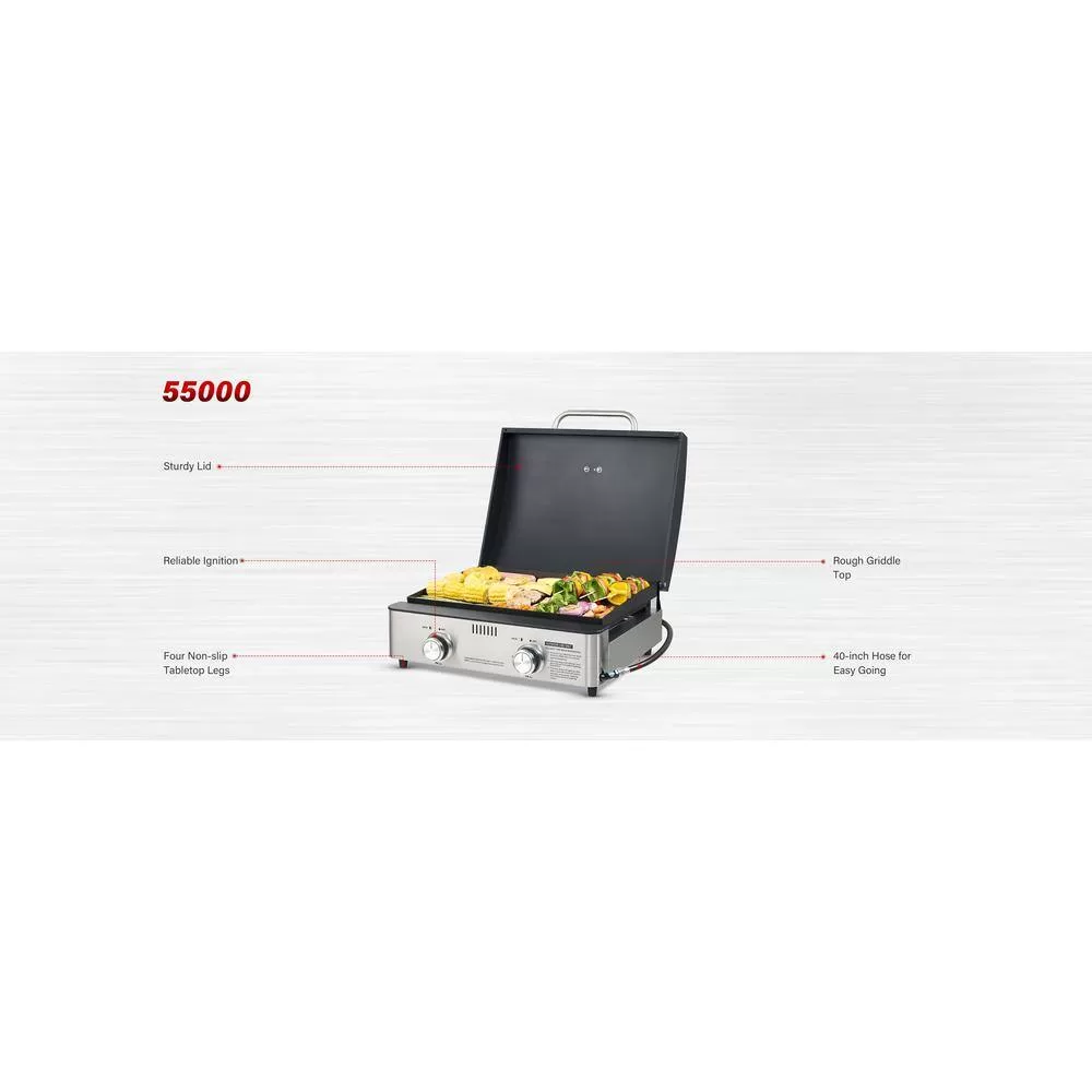 Monument Grills 55000 2-Burner Portable Table Top Propane Gas Griddle in Stainless Steel with Locking Lid