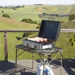 Monument Grills 55000 2-Burner Portable Table Top Propane Gas Griddle in Stainless Steel with Locking Lid