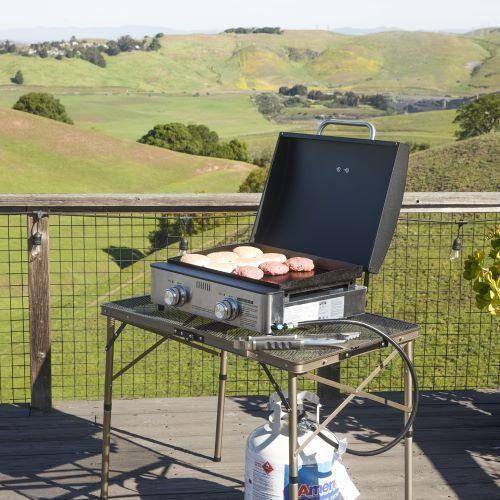 Monument Grills 55000 2-Burner Portable Table Top Propane Gas Griddle in Stainless Steel with Locking Lid
