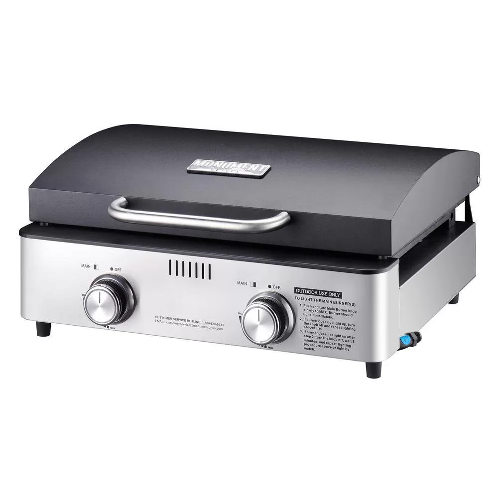 Monument Grills 55000 2-Burner Portable Table Top Propane Gas Griddle in Stainless Steel with Locking Lid
