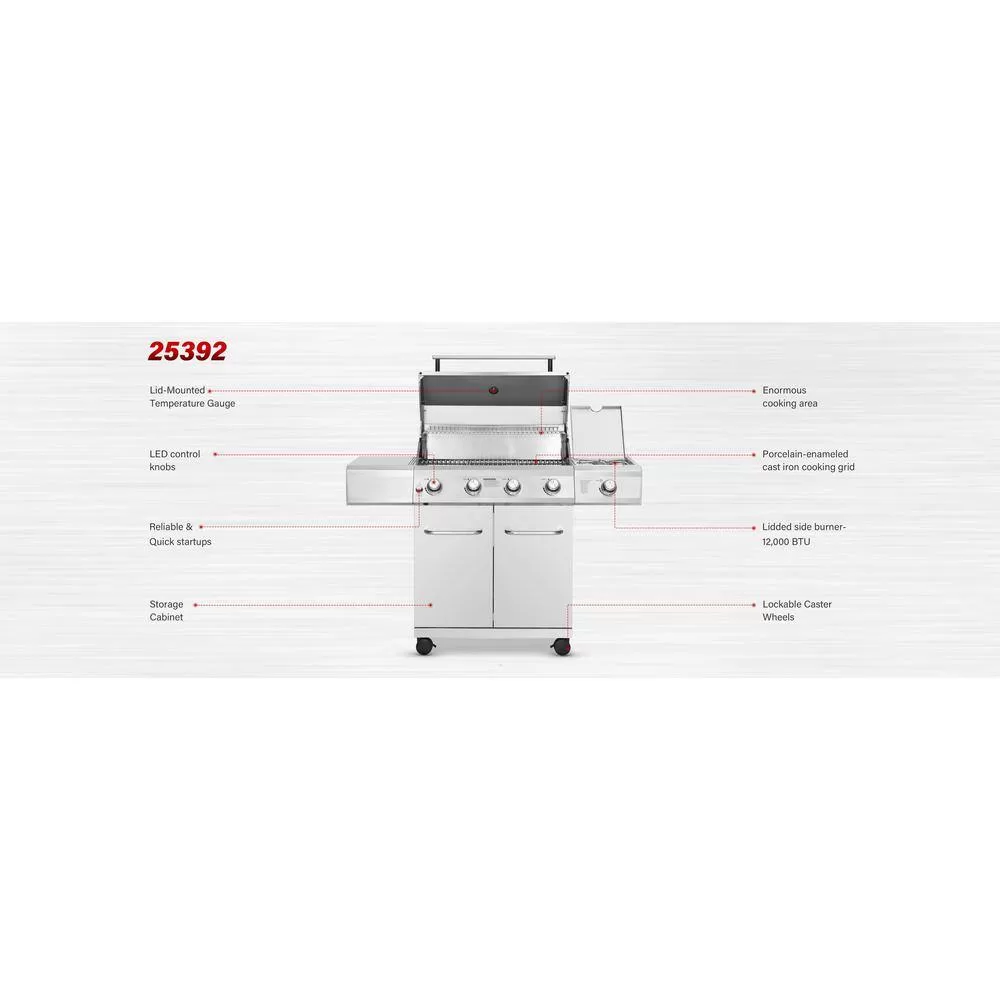 Monument Grills 25392 4-Burner Propane Gas Grill in Stainless Steel with LED Controls and Side Burner