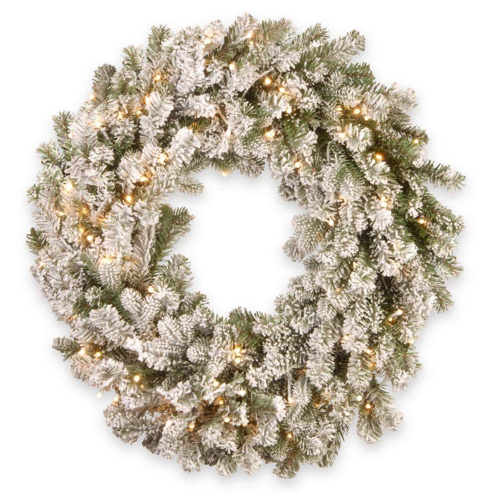 National Tree Company PESL3-300T-24WS 24 in. Snowy Sheffield Spruce LED Artificial Christmas Wreath with Twinkly Lights