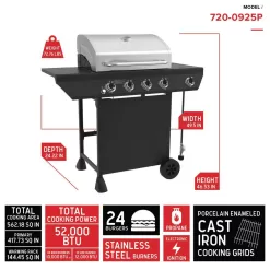 Nexgrill 720-0925P 4-Burner Propane Gas Grill in Black with Side Burner and Stainless Steel Main Lid
