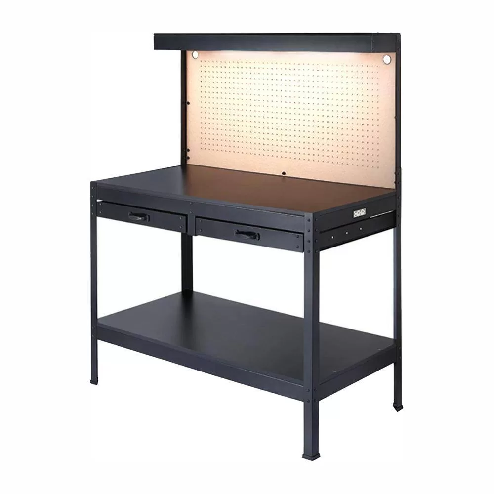 OLYMPIA 410-014-0111 4 ft. W x 5 ft. H x 2 ft. D Black Steel Workbench with Built-In Power and Lighting