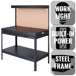 OLYMPIA 410-014-0111 4 ft. W x 5 ft. H x 2 ft. D Black Steel Workbench with Built-In Power and Lighting