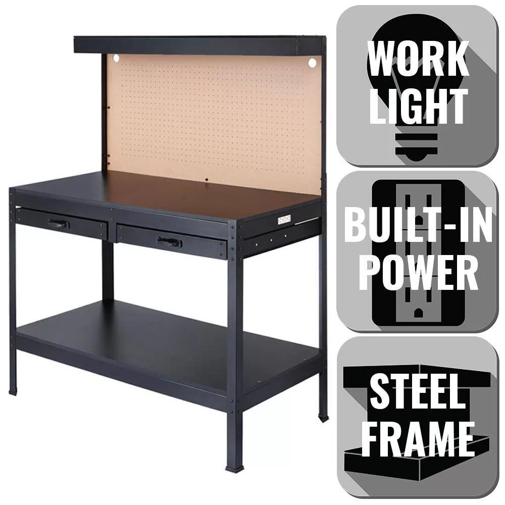 OLYMPIA 410-014-0111 4 ft. W x 5 ft. H x 2 ft. D Black Steel Workbench with Built-In Power and Lighting