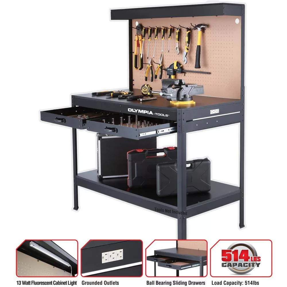 OLYMPIA 410-014-0111 4 ft. W x 5 ft. H x 2 ft. D Black Steel Workbench with Built-In Power and Lighting