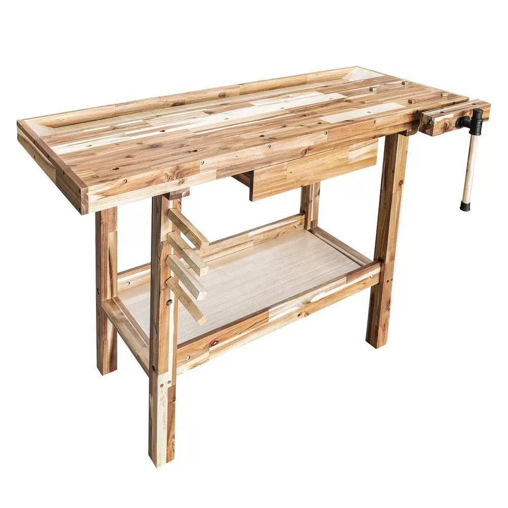 OLYMPIA 410-333-0111 50 in. x 20 in. Acacia Wood Workbench with Built-In Wooden Vise and 330 lbs. Weight Capacity