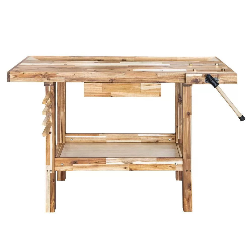 OLYMPIA 410-333-0111 50 in. x 20 in. Acacia Wood Workbench with Built-In Wooden Vise and 330 lbs. Weight Capacity