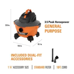 RIDGID HD0600A 6 Gallon 3.5 Peak HP NXT Wet/Dry Shop Vacuum with Filter, Hose, Wands, Utility Nozzle, Crevice Tool and Dusting Brush