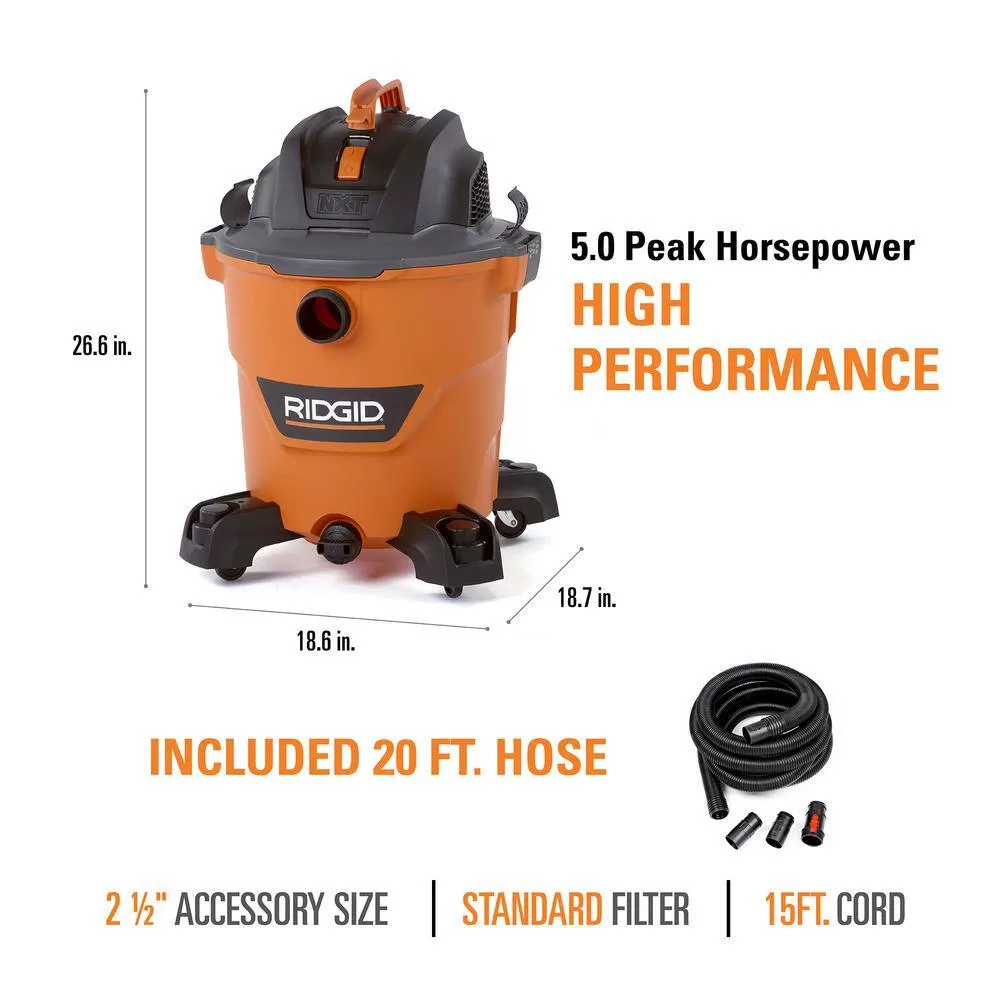 RIDGID HD1200B 12 Gallon 5.0 Peak HP NXT Wet/Dry Shop Vacuum with Filter, Hose, Accessories and Additional 20 ft. Tug-A-Long Hose