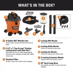 RIDGID HD1200B 12 Gallon 5.0 Peak HP NXT Wet/Dry Shop Vacuum with Filter, Hose, Accessories and Additional 20 ft. Tug-A-Long Hose