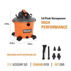 RIDGID HD1640C 16 Gallon 5.0 Peak HP NXT Wet/Dry Shop Vacuum with Filter, Locking Hose, Accessories and Car Cleaning Kit