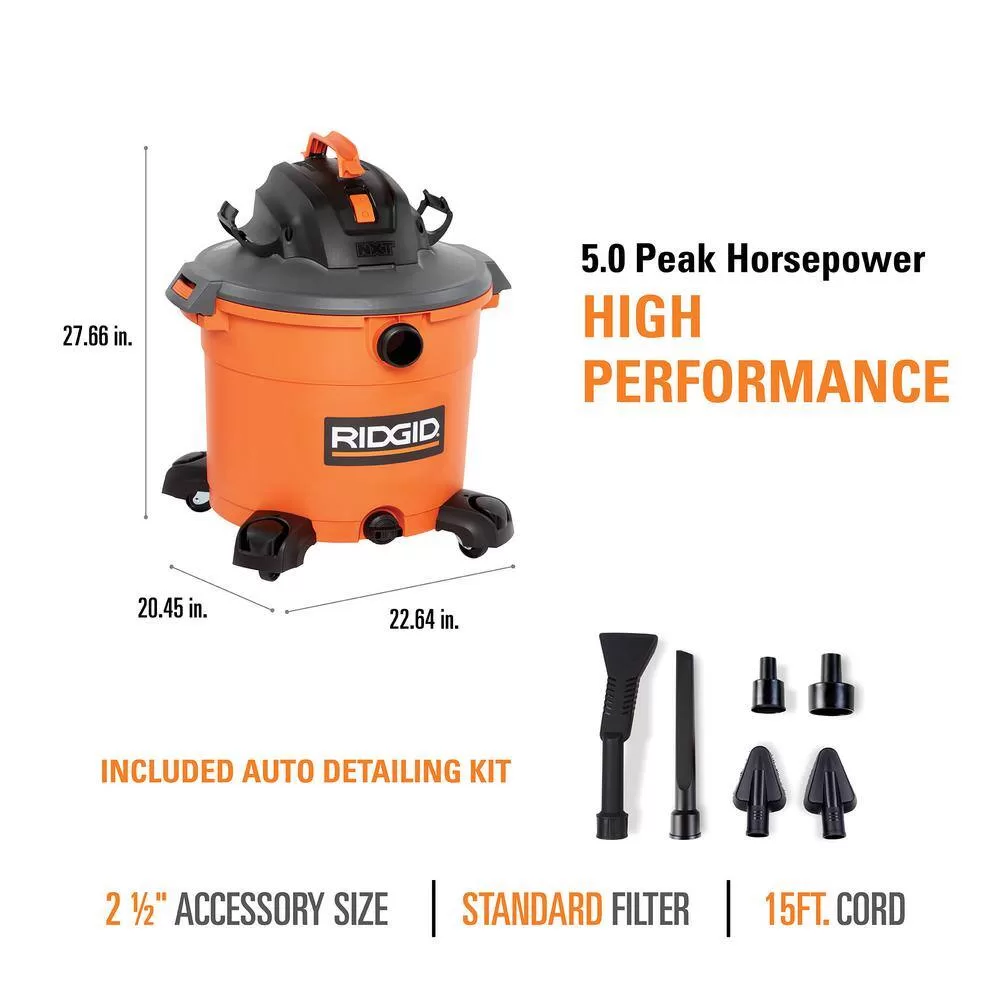 RIDGID HD1640C 16 Gallon 5.0 Peak HP NXT Wet/Dry Shop Vacuum with Filter, Locking Hose, Accessories and Car Cleaning Kit