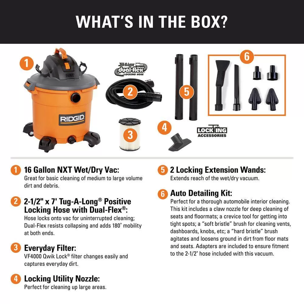 RIDGID HD1640C 16 Gallon 5.0 Peak HP NXT Wet/Dry Shop Vacuum with Filter, Locking Hose, Accessories and Car Cleaning Kit