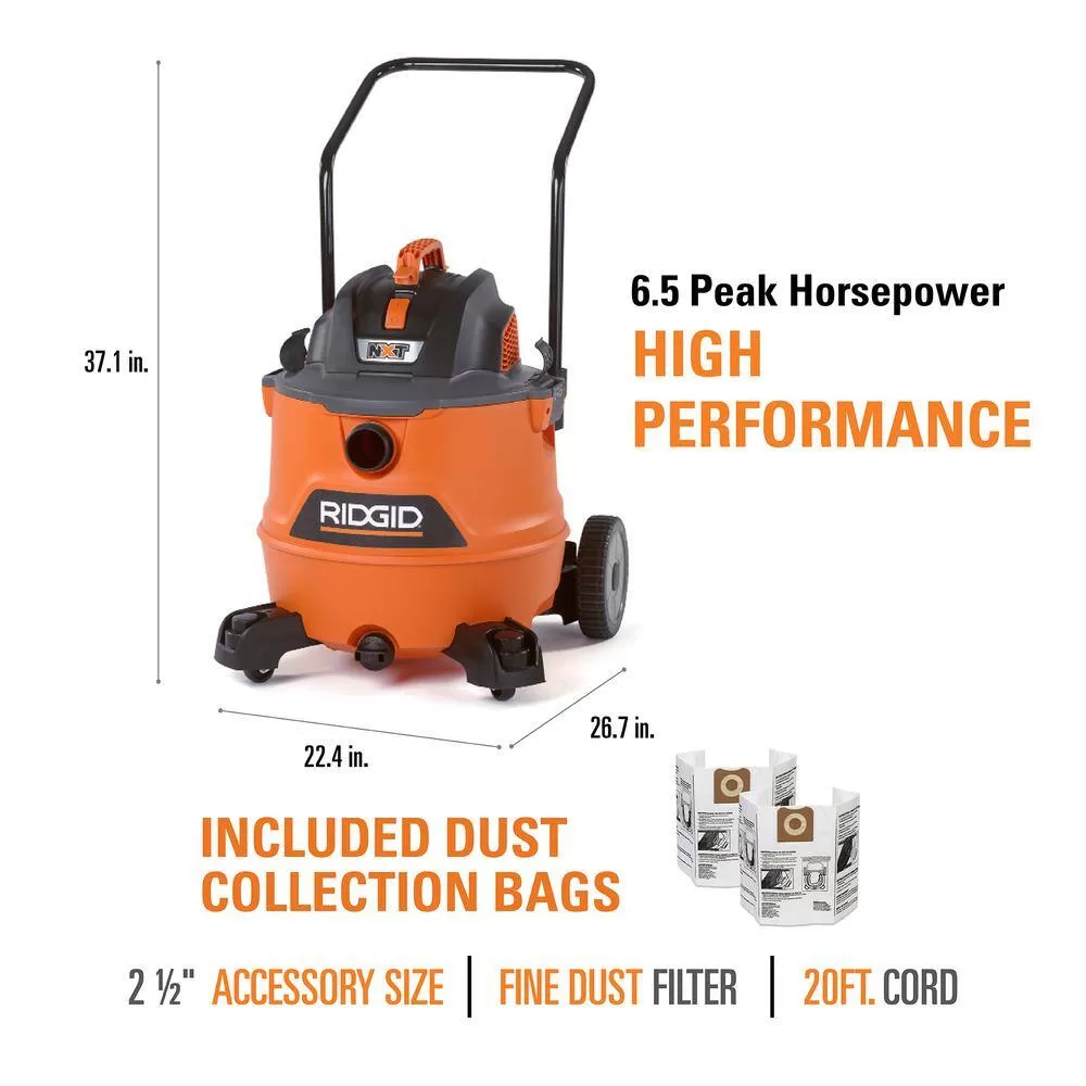 RIDGID HD1800C 16 Gallon 6.5-Peak HP NXT Wet/Dry Shop Vacuum, Fine Dust Filter, Locking Hose, Accessories and 2pk Dust Collection Bags