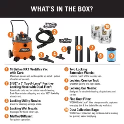RIDGID HD1800C 16 Gallon 6.5-Peak HP NXT Wet/Dry Shop Vacuum, Fine Dust Filter, Locking Hose, Accessories and 2pk Dust Collection Bags