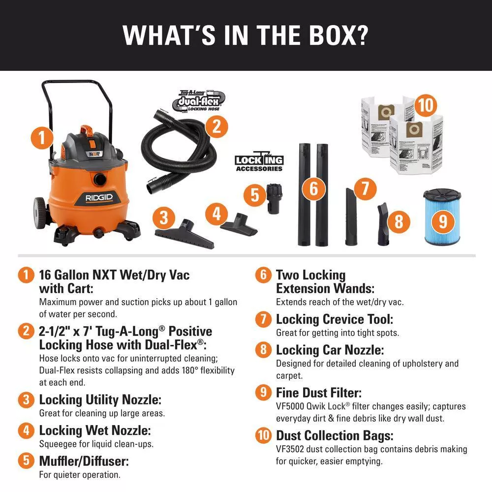 RIDGID HD1800C 16 Gallon 6.5-Peak HP NXT Wet/Dry Shop Vacuum, Fine Dust Filter, Locking Hose, Accessories and 2pk Dust Collection Bags