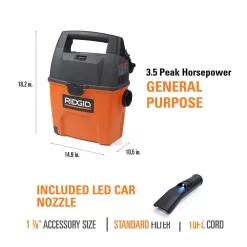RIDGID WD3050A 3 Gallon 3.5 Peak HP Portable Wet/Dry Shop Vacuum with Built in Dust Pan, Filter, Expandable Hose and LED Car Nozzle