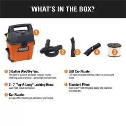 RIDGID WD3050A 3 Gallon 3.5 Peak HP Portable Wet/Dry Shop Vacuum with Built in Dust Pan, Filter, Expandable Hose and LED Car Nozzle