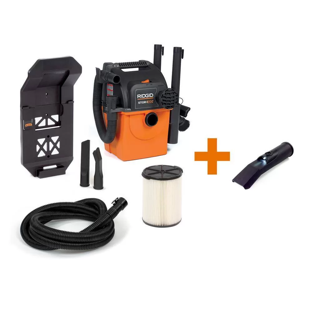 RIDGID WD5500A 5 Gallon 5.0 Peak HP Portable Wall-Mountable Wet/Dry Shop Vacuum with Filter, Hose, Accessories and LED Car Nozzle