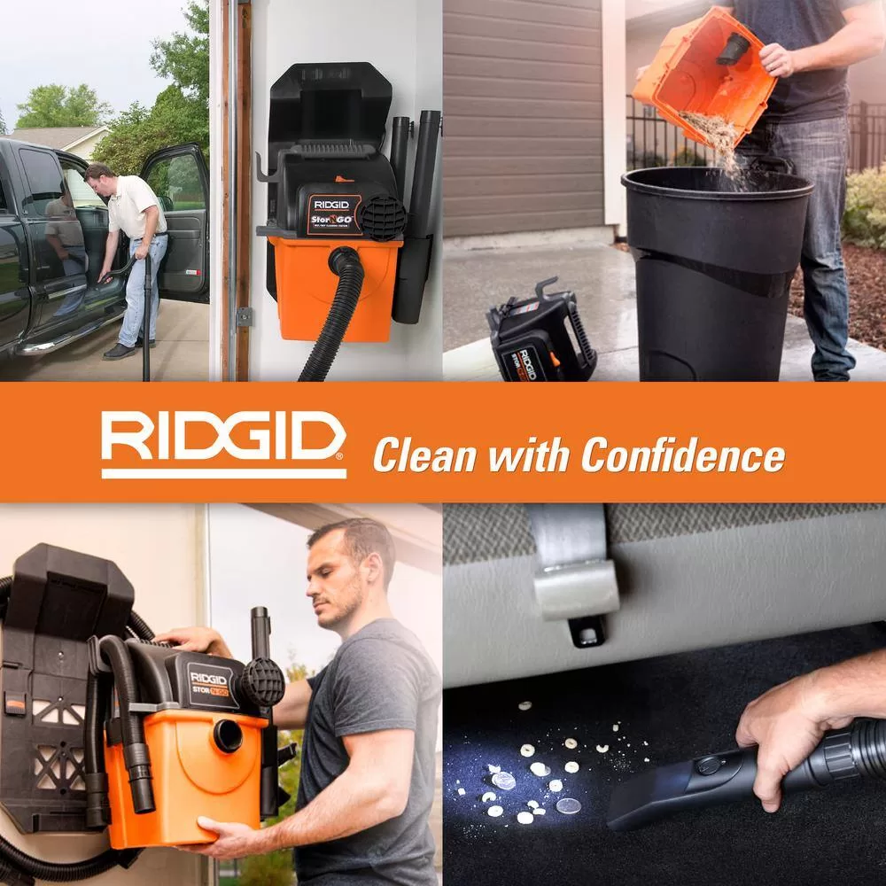 RIDGID WD5500A 5 Gallon 5.0 Peak HP Portable Wall-Mountable Wet/Dry Shop Vacuum with Filter, Hose, Accessories and LED Car Nozzle