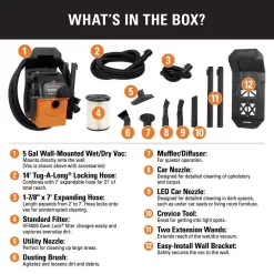 RIDGID WD5500A 5 Gallon 5.0 Peak HP Portable Wall-Mountable Wet/Dry Shop Vacuum with Filter, Hose, Accessories and LED Car Nozzle