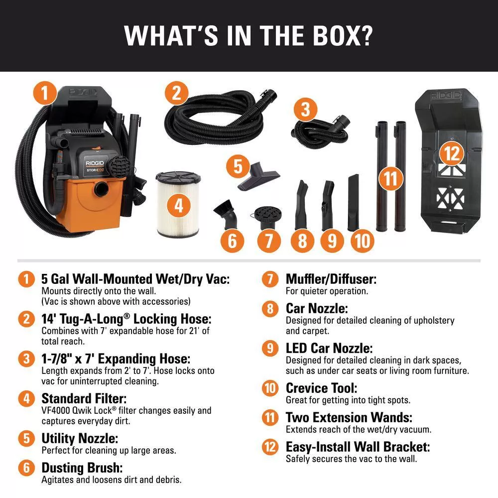 RIDGID WD5500A 5 Gallon 5.0 Peak HP Portable Wall-Mountable Wet/Dry Shop Vacuum with Filter, Hose, Accessories and LED Car Nozzle