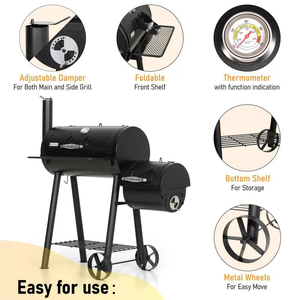 PHI VILLA THD-E02GR006-2 Offset Charcoal Smoker and Grill in Black